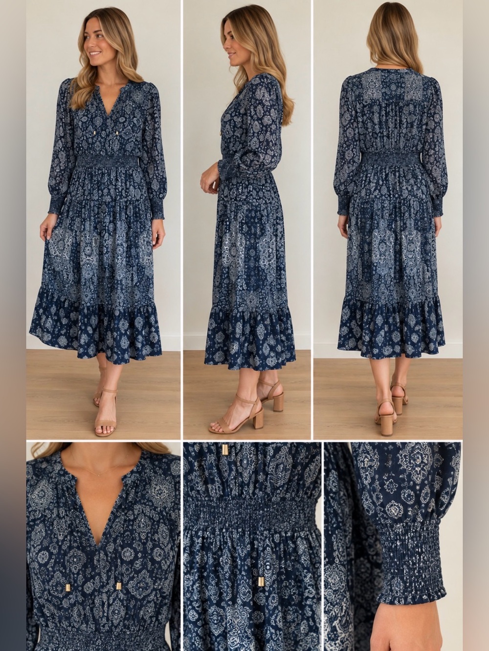 Michael Kors Navy Paisley Smocked Midi Dress Size M